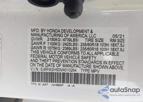 2021 Honda Cr-V Awd Ex из США, поврежденный, VIN 5J6RW2H50MA010264